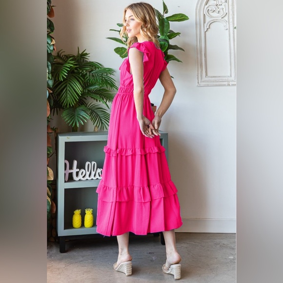 Reborn J V-Neck Ruffle Trim Tiered Midi Dress - Picture 2 of 5